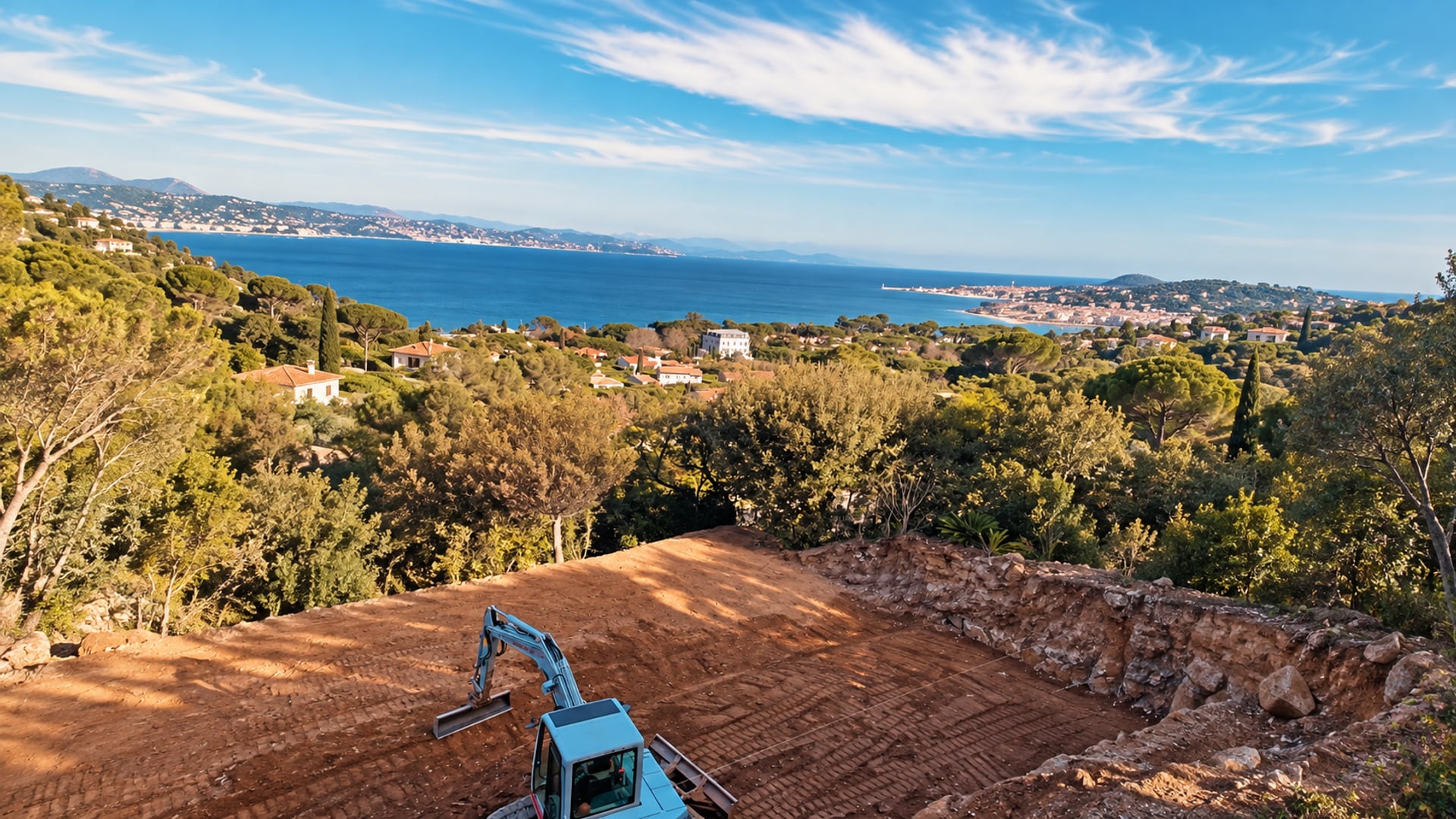 Vue aérienne d'un terrassement de piscine à Gassin : pelle mécanique sur la plateforme, mer et golfe de Saint-Tropez en arrière-plan